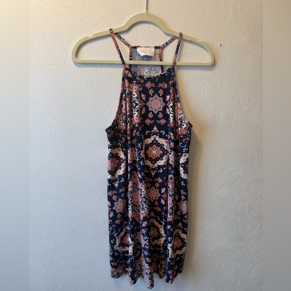 French Grey Boho Floral Racerback Dress Navy Blue Pink Soft Girl Summer Sz S - Picture 2 of 5
